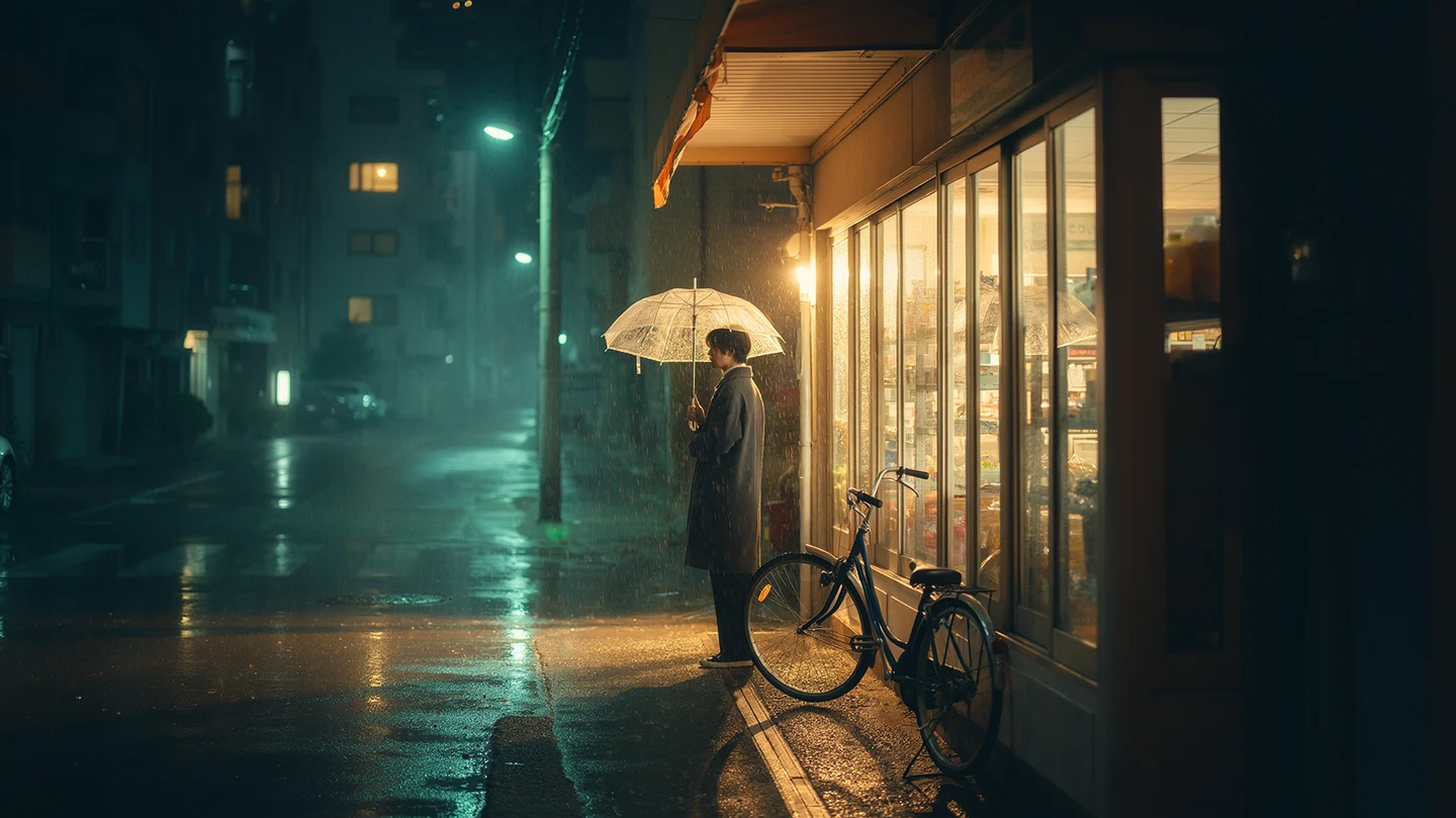 A photographic street scene with reflections and a warm storefront.