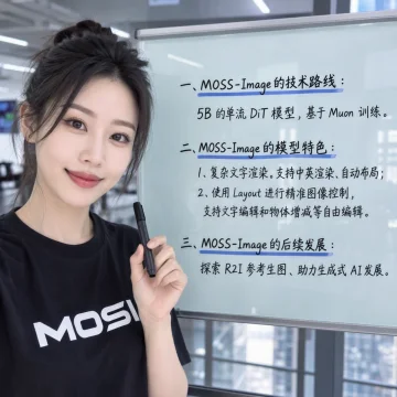 Official MOSS-Image-SFT output: a woman beside a whiteboard with several paragraphs of Chinese handwriting.